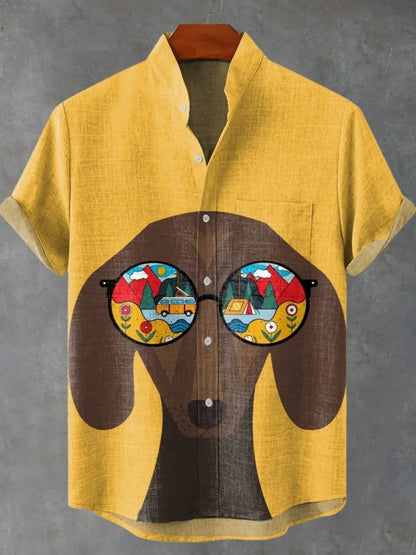 2025 hommes décontracté mode nouvelle chemise en lin Art imprimé chien de compagnie motif chemises mode décontracté et confortable hommes chemise unie
