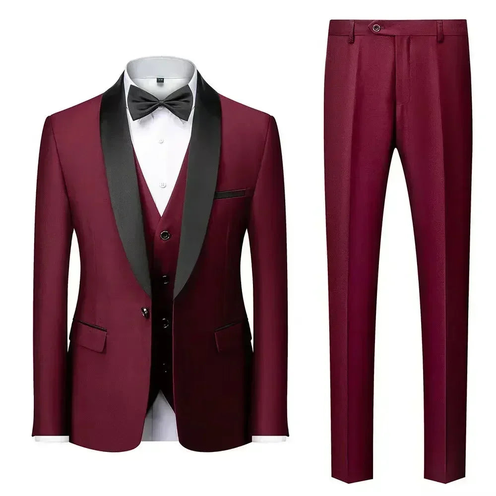 Ensemble 3 pièces pour hommes pour mariage, blazers élégants, col nœud, veste de luxe, pantalon, manteau formel, robe moulante, haute qualité
