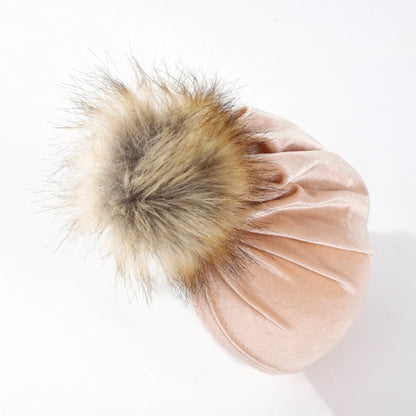 Chapeau boule de fourrure en tissu velours solide pour enfants garçons filles bébé accessoires de photographie grand pompon nœud supérieur automne hiver oreille bonnet chaud