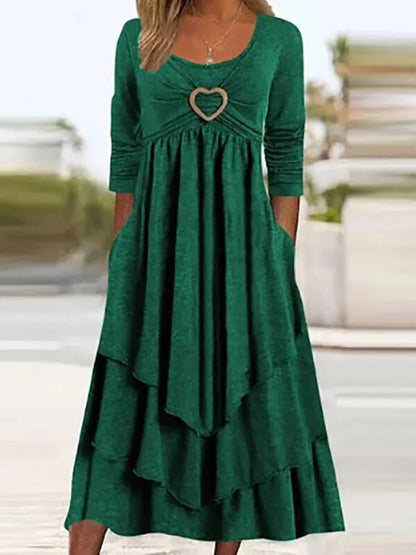 Robe mi-longue élégante pour femmes, poches Patchwork, col rond, basique, couleur unie, manches longues, décontractée, été, volants, robe de Club