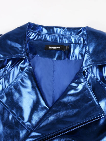 Nerazzurri-Manteau Long en Cuir PU pour Femme, Manteau Cool et Beau, Bleu Brcorporelle, Moulé, Verni, Ceinture, Mode Européenne, Printemps et Automne