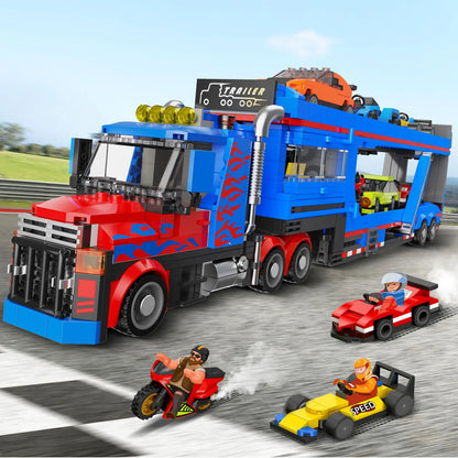 Ensemble de construction de camion transporteur de ville avec 7 voitures, semi-camion de remorquage à rampe de chargement réglable avec remorque transporteuse, jouet cadeaux pour enfants 8 +