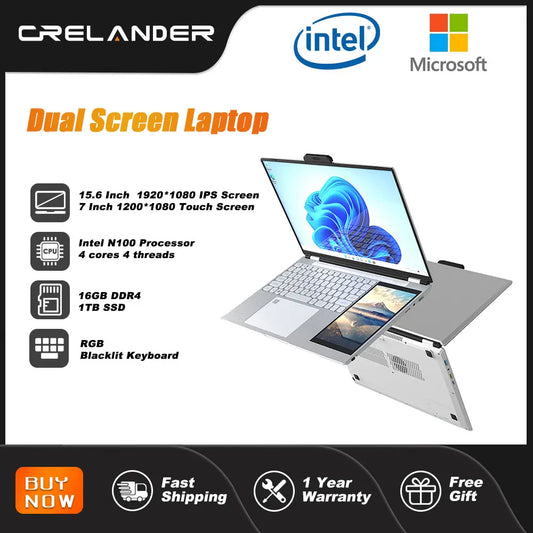 Crelnader double écran ordinateur portable 7 pouces écran tactile boîtier métallique RGB rétro - éclairage empreintes digitales déverrouiller la fenêtre 11 Ultra - mince ordinateur portable