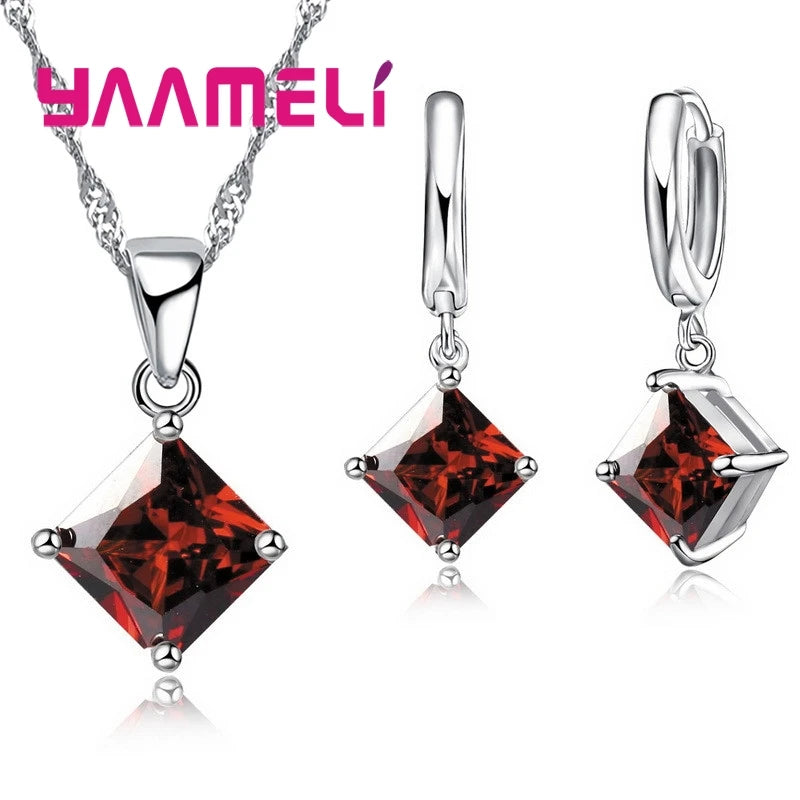 Ensembles de bijoux en argent regardé 925 pour femmes, boucles d'oreilles carrées à géométrie simple, collier en cristal,