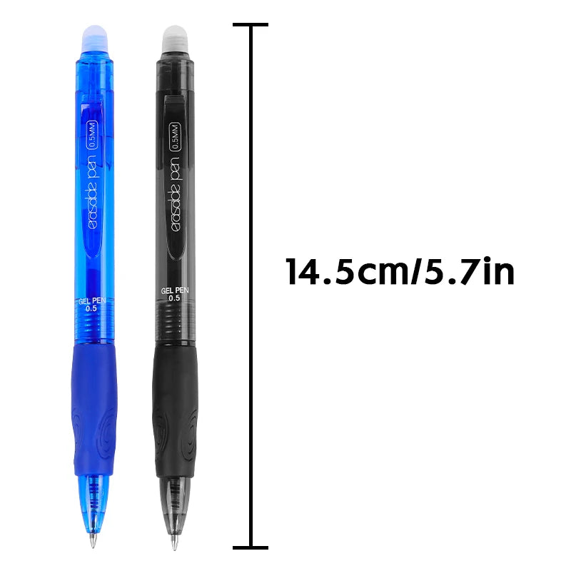 Stylos à Gel effaçables à pression noir et bleu, 0.5mm + 4 recharges + 1 stylo en caoutchouc