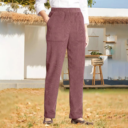 Pantalon en velours côtelé pour femme, décontracté, taille haute, jambe droite, couleur unie, pantalon Baggy confortable avec poches