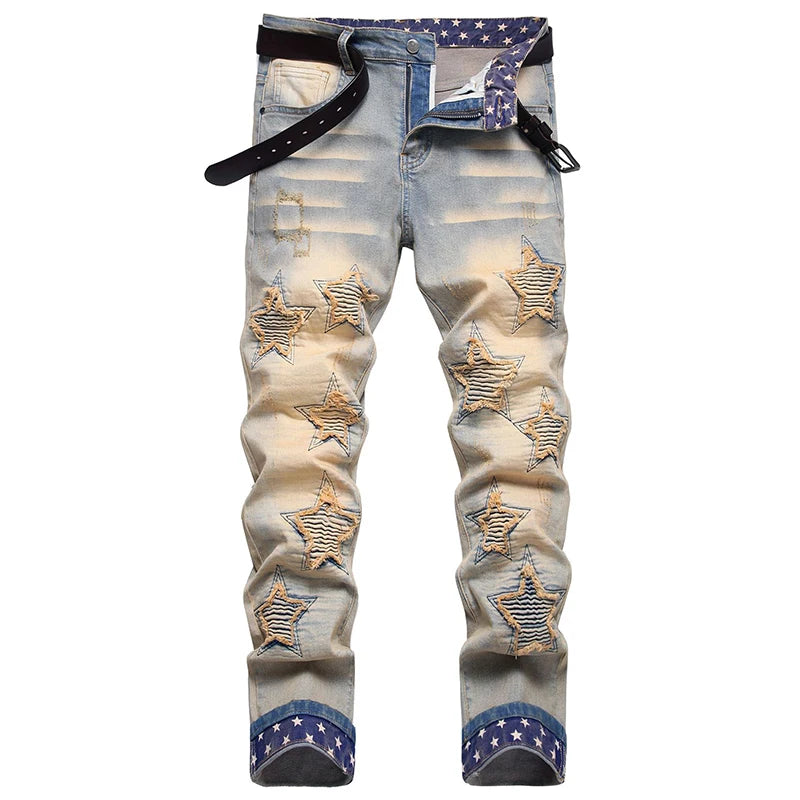 Kakan - Nouveaux jeans longs brodés et brodés européens et américains pour vêtements pour hommes, jeans extensibles à la mode à revers rétro