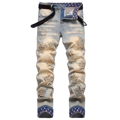 Kakan - Nouveaux jeans longs brodés et brodés européens et américains pour vêtements pour hommes, jeans extensibles à la mode à revers rétro