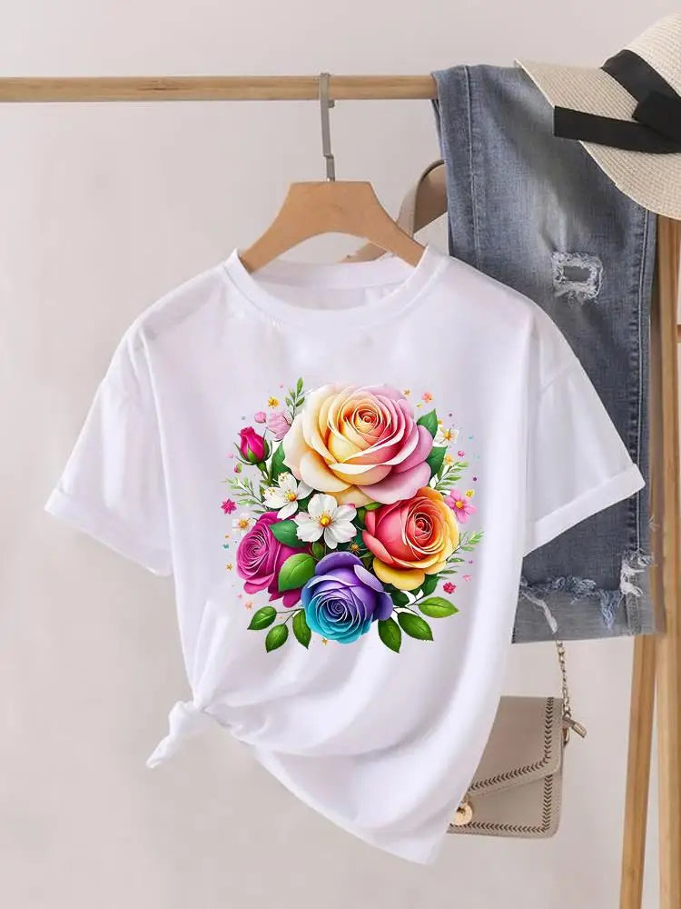Tendance fleur Style mignon à manches courtes femmes imprimer femme chemise mode vêtements graphiques T-shirts vêtements dame t-shirt décontracté