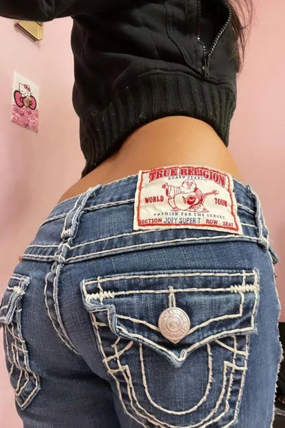 Y2k Denim pantalon Harajuku taille haute jambe large jean bleu bouddha brodé jean droit décontracté haute rue femmes vêtements