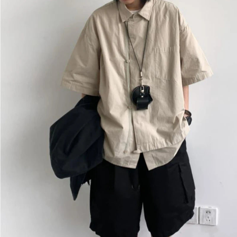 Ensemble coréen pour hommes, chemise à manches courtes + plusieurs poches, Short d'outillage, couleur unie, rétro, tendance d'été, ensemble deux pièces