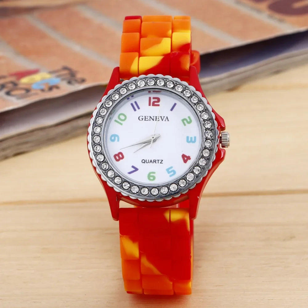 Montres de luxe pour femmes, arc-en-ciel, diamant, quartz, silicone, étanche,