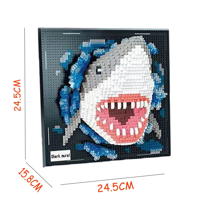Blocs de construction 3D tête de monstre requin, bloc Mural, pendentif Animal, décoration murale suspendue, Sculpture, décoration de maison, jouet cadeau