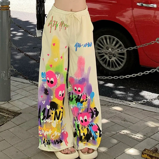 Pantalon décontracté Kawaii Dopamine Graffiti pour femme, taille haute élastique, poches Wstring, jambe large, été