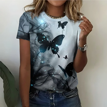 Mystérieuse Starlight rêveur papillon brillant T-shirt femme décontracté ample confortable gris manches courtes