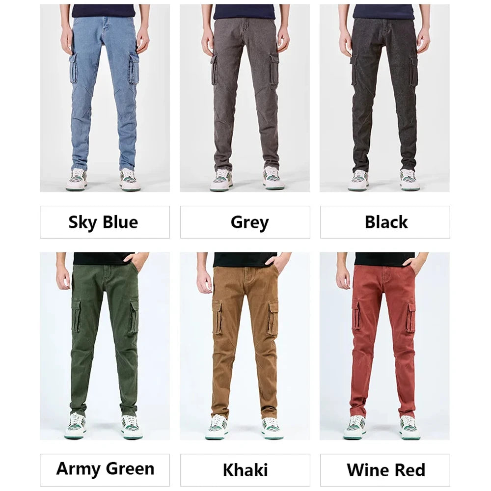 Pantalon cargo en denim pour hommes, taille élastique, couleur unie, délavé, coupe cintrée, décontracté, avec plusieurs poches, pour un usage quotidien