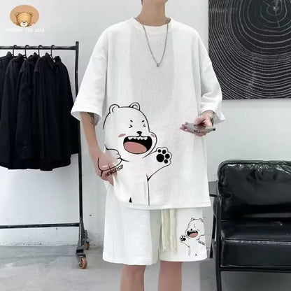 Survêtement d'été pour hommes, Streetwear de dessin animé japonais, Hip Hop Rock, décontracté, court imbibé cool, imprimé gaufré, ensemble 2 pièces, nouveau