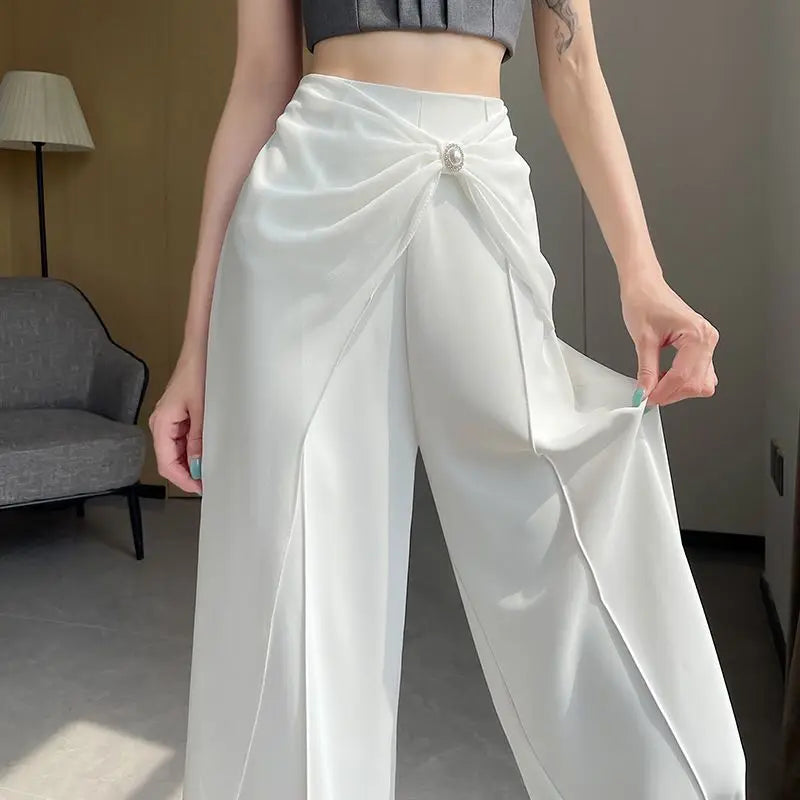 Pantalon à jambes larges en mélange de mousseline de soie pour femmes, taille haute, jambe droite, longueur au sol