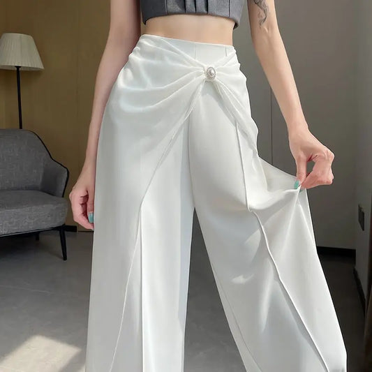 Pantalon à jambes larges en mélange de mousseline de soie pour femmes, taille haute, jambe droite, longueur au sol
