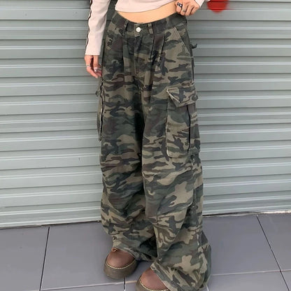 Femmes Camouflage Cargo jean américain Streetwear utilitaire pantalon rétro Jazz Hiphop Baggy Denim pantalon décontracté paresseux pantalon