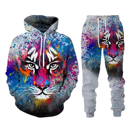 Ensemble de survêtement imprimé tigre animal 3D pour hommes, sweat à capuche et pantalon décontractés, streetwear à la mode, vêtements trempés, automne, hiver, 2 pièces