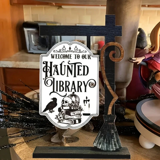 Décoration de bibliothèque fantôme d'Halloween – suspension en bois de style gothique, conception de crâne, corbeau et de chapeau de sorcière 3D