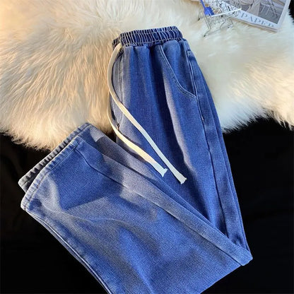 Jean coréen rétro pour hommes et femmes, modèles d'automne et d'hiver, rembourré et épais, ample, droit, jambes larges, pantalons décontractés