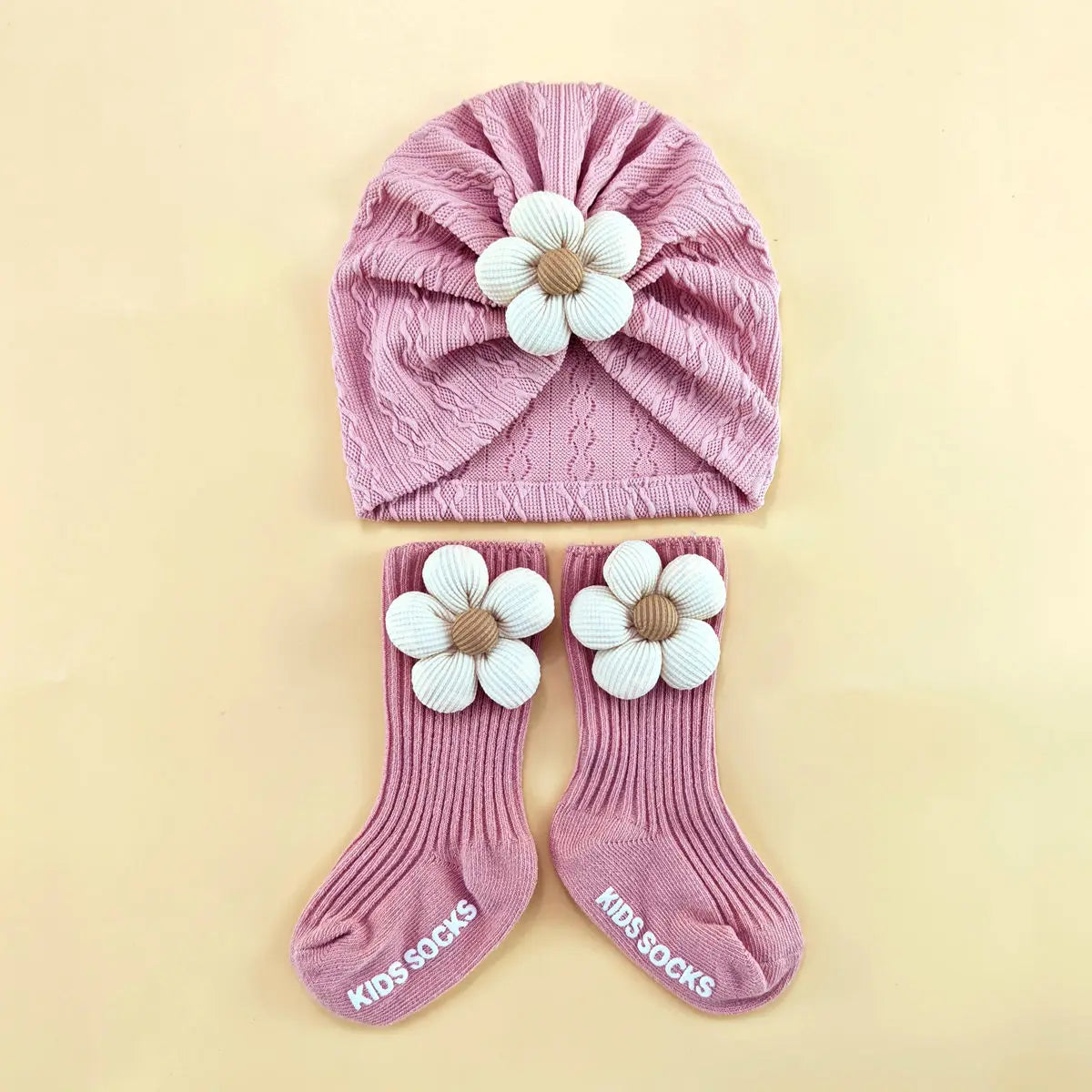 1 ensemble d'accessoires de casquette pour nouveau-né, bonnets doux, couvre-chef, chaussettes, ensemble de 2 pièces pour filles, chaussettes longues en dentelle à fleurs + chapeau