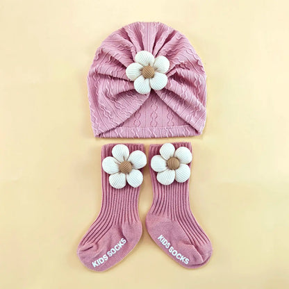 1 ensemble d'accessoires de casquette pour nouveau-né, bonnets doux, couvre-chef, chaussettes, ensemble de 2 pièces pour filles, chaussettes longues en dentelle à fleurs + chapeau