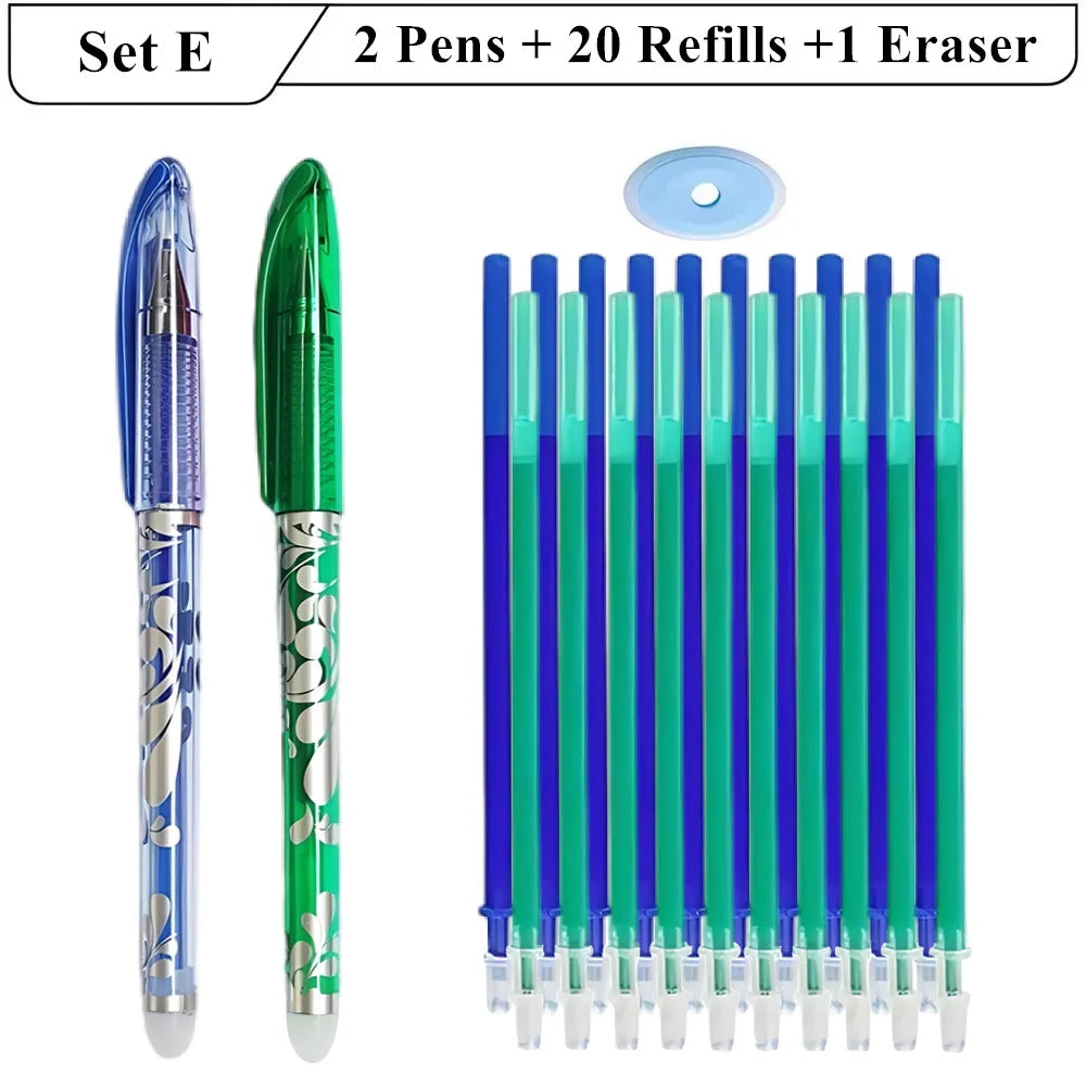 2 stylos Gel effaçables + 20 recharges + 1 gomme, encre magique de 0.5mm en noir bleu rouge vert,