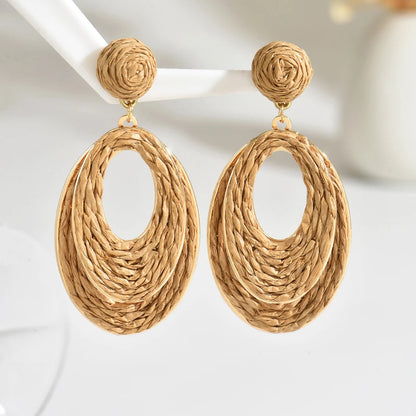 Boho tendance fait à la main Double couche ovale en raphia boucles d'oreilles pour les femmes élégant rotin tricot boucles d'oreilles bijoux d'été cadeaux