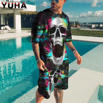 YUHA – ensemble t-shirt manches courtes pour hommes, vêtements d'été pour hommes, impression de squelette Terrible en 3D, Short décontracté, survêtement masculin 2 pièces, nouvelle collection