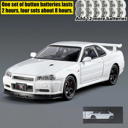 1:24 GTR R34 Skylin Diecast Modèle En Métal De Voiture Son Et Lumière Tirer Supercar Sport Racing Collection Loisirs Vacances Cadeau Garçon