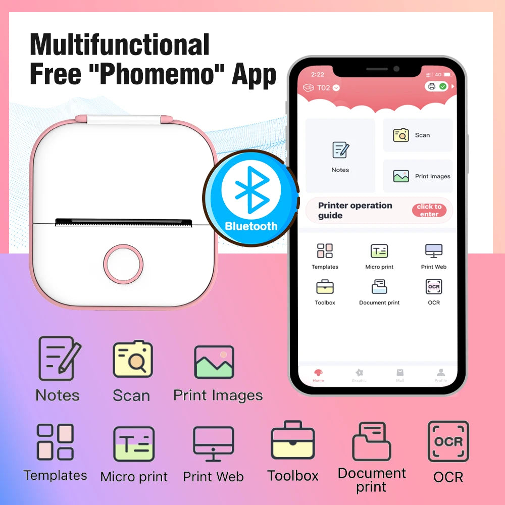 Phomemo-Mini imprimante thermique portable, imprimante d'étiquettes de poche BT sans fil, 203dpi, impression allergique 53mm, T02