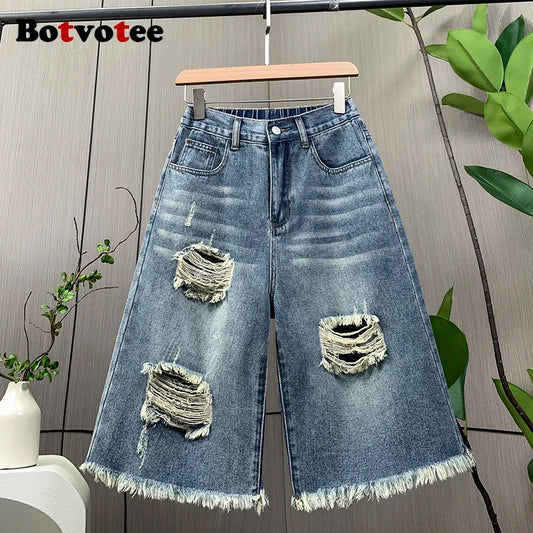 Botvotee gland Repped Vintage été Denim jean court pour femmes taille haute jambe large M-3XL bleu Shorts Streetwear jean