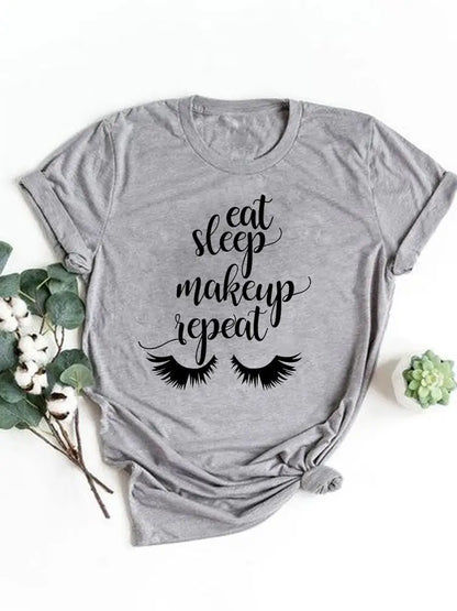 T-shirt manches courtes pour femmes, vêtement basique, haut d'été, maquillage rayé, joli et mignon, imprimé, à la mode, graphique