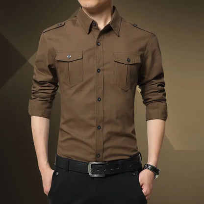 Chemise slim à manches longues de style militaire pour hommes, épaulette en coton, double poche, chemise décontractée, nouveau, 2025