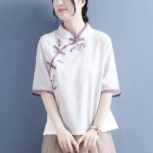 T-shirt brodé à manches courtes pour femme, vêtement en coton, col montant, Style chinois, Vintage, décontracté, Hanfu