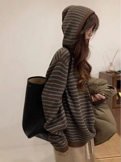 2025 nouveaux hauts large décontracté coréen à capuche rayé mode pull vêtements chauds femmes automne et hiver à capuche