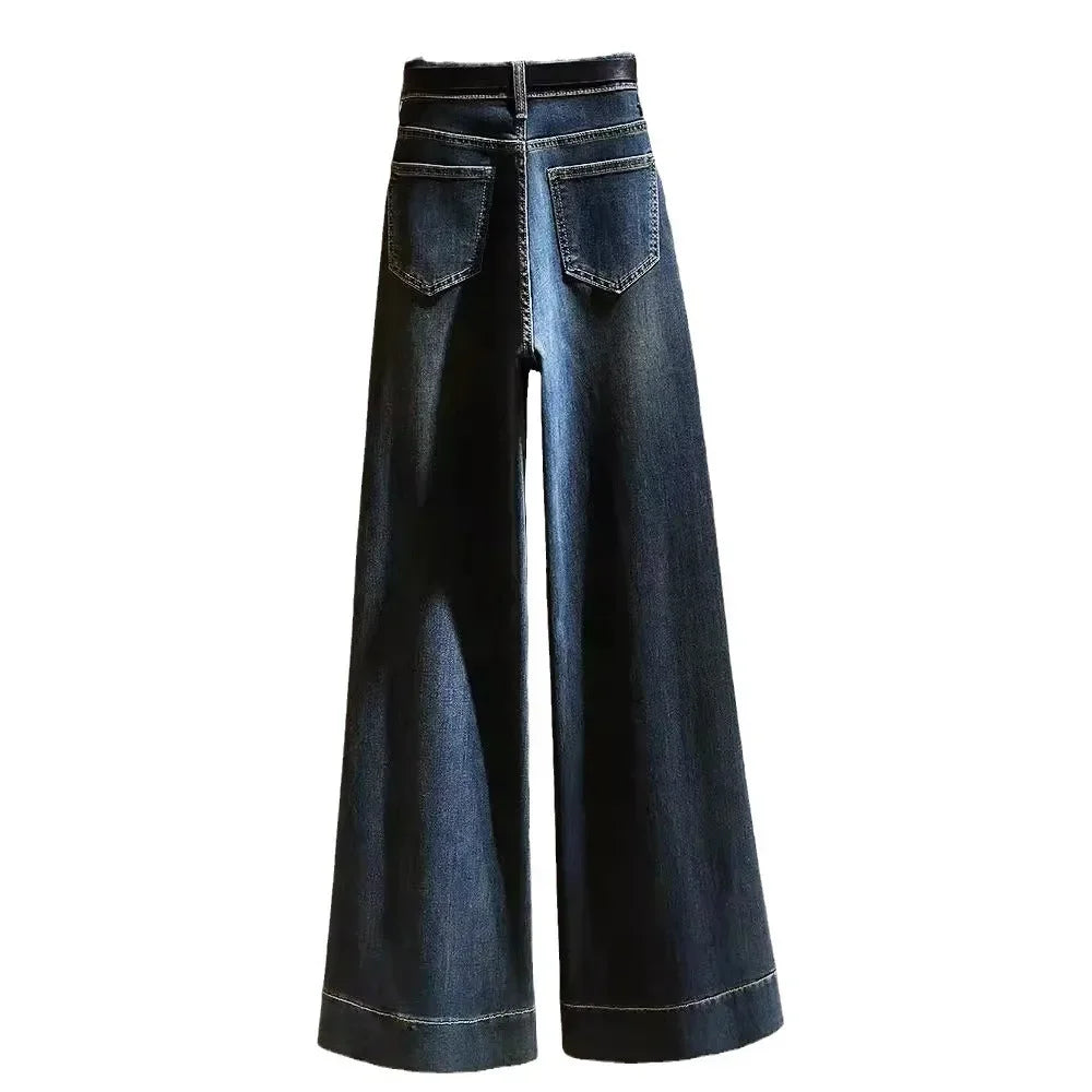 Jean taille haute à jambes larges pour femmes, Vintage, extensible, polyvalent, coupe ample, jambe droite, amincissant, pantalon inférieur Microbell