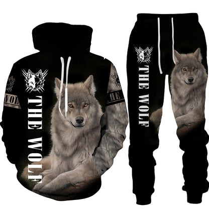 Ensemble de pantalons de survêtement et sweat à capuche College en 3D pour hommes, survêtement surdimensionné, streetwear imbibé, vêtements de sport, motif animal loup, hiver, automne