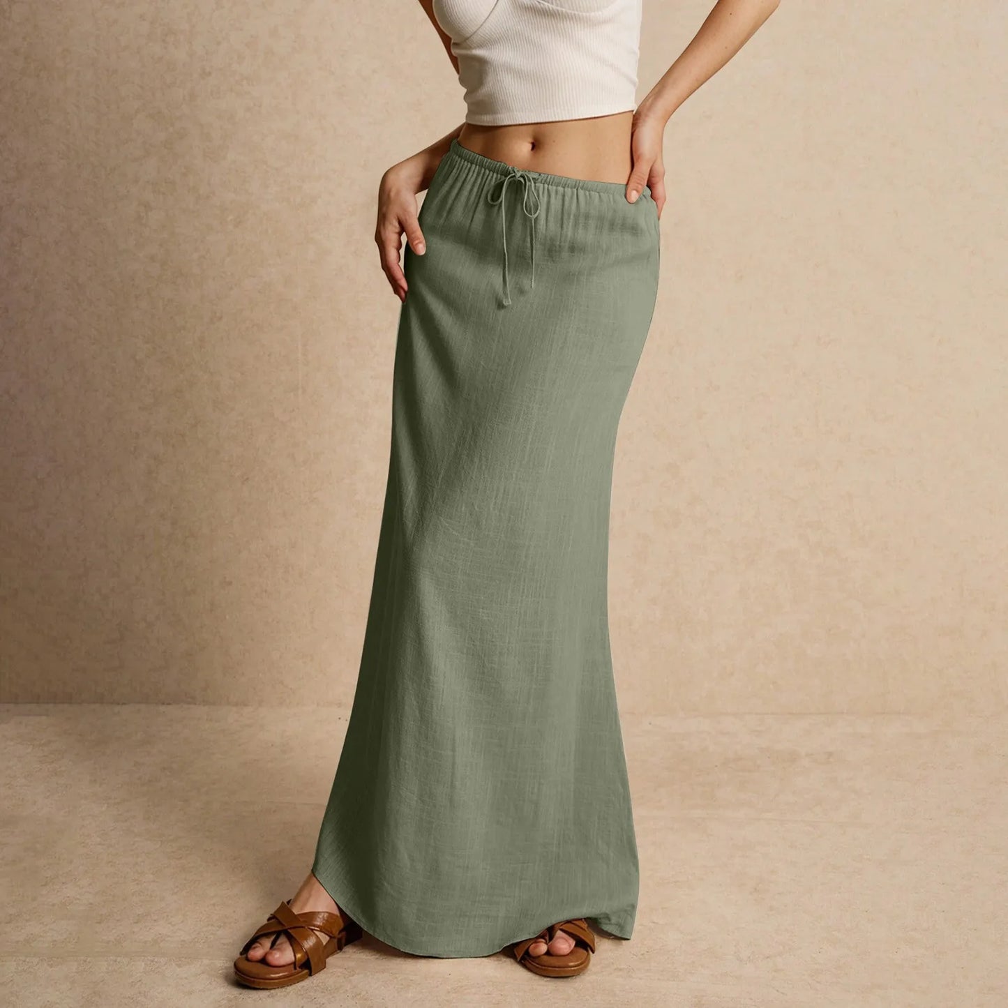 Jupe longue d'été pour femmes, cordon de serrage, taille basse, ligne A, jupe décontractée, taille haute élastique, moulante, longue, jupes pour femmes