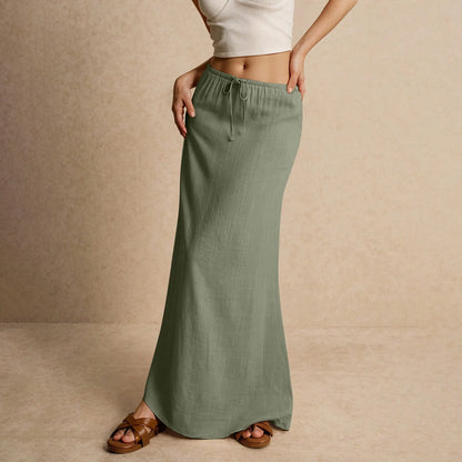 Jupe longue d'été pour femmes, cordon de serrage, taille basse, ligne A, jupe décontractée, taille haute élastique, moulante, longue, jupes pour femmes