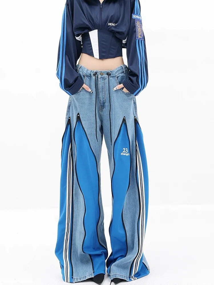 [EWQ] décontracté mode Style femmes Unique Denim pantalon Patchwork contraste couleurs jean conception fermeture éclair pantalon à jambes larges 16O7157