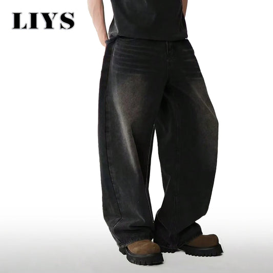 Jean quatre saisons pour hommes Version coréenne étudiant pantalons décontractés haute rue droit ample jambe large Jean noir gris bleu Baggy Jean