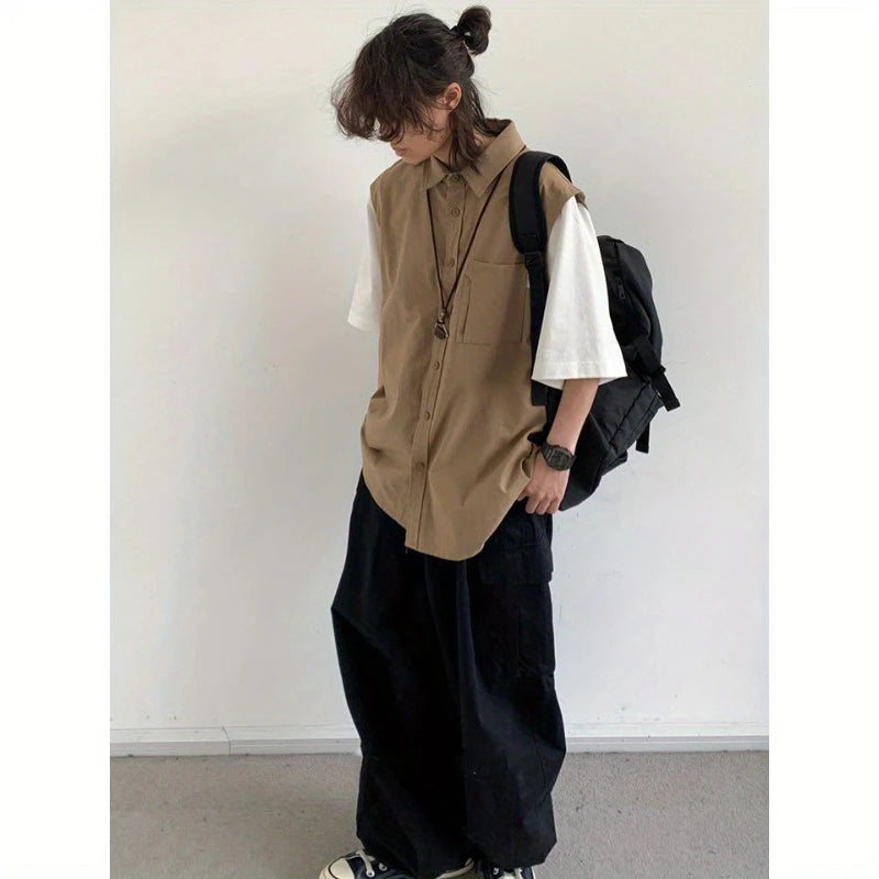 Ensemble deux pièces patchwork japonais pour hommes, chemises et pantalons cargo à manches courtes, faux deux demi-manches, poches, décontracté, couple, été