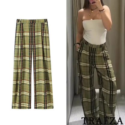 TRAF Chic sens du Design femmes pantalons longs droits pantalons amples mode 2025 automne grille rayure pantalons décontractés