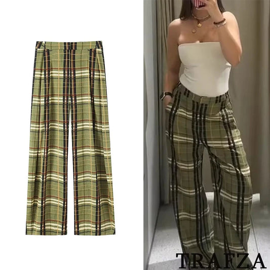 TRAF Chic sens du Design femmes pantalons longs droits pantalons amples mode 2025 automne grille rayure pantalons décontractés