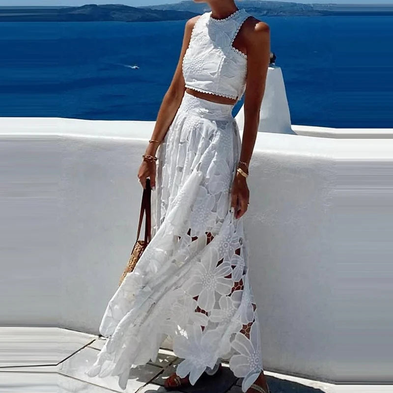 Jupe de soirée creuse en Crochet brodé blanc pour femmes, costume de tempérament élégant, haut sans manches et jupe longue, ensemble Chic pour dames