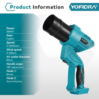 YOFIDRA 2In1 3000W ventilateur Turbo électrique sans brosse souffleurs d'air sans fil feuille neige poussière Jet ventilateur outil pour Makita 18V batterie broche
